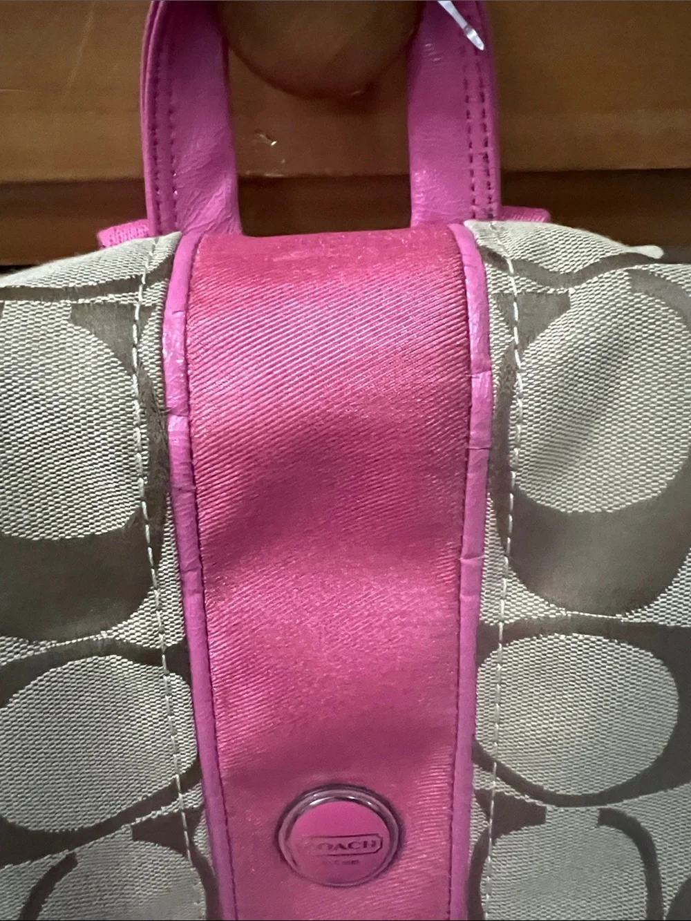 Coach Brown Signature Canvas Backpack with Pink Trim